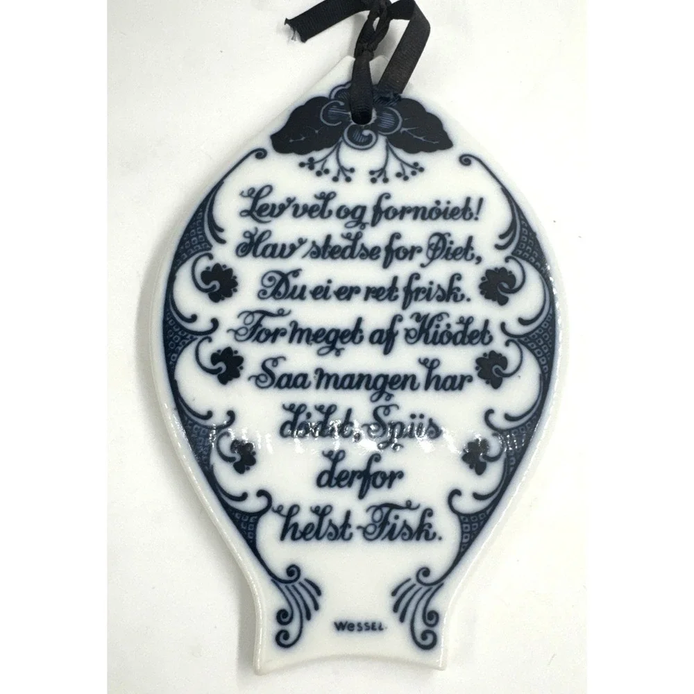 Vintage Porsgrund Norway Blue & White Porcelain Fish Trivet w/Wessel Poem 1960s